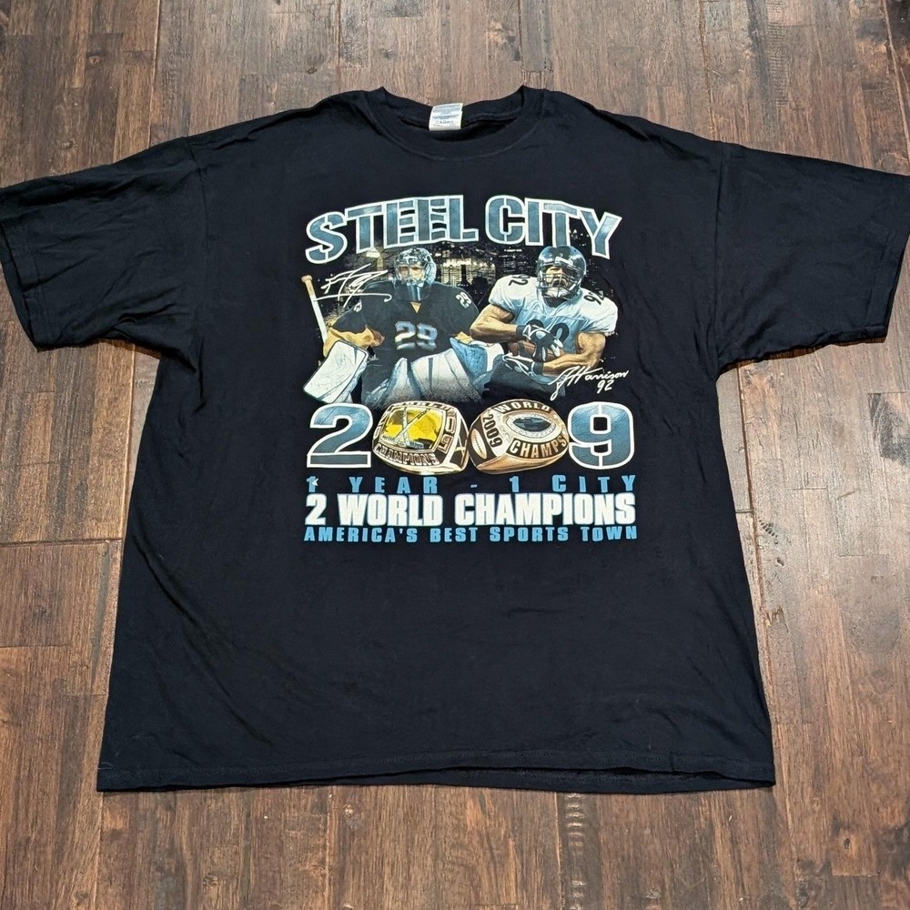 Y2K 2009 Steel City Champions T-shirt‎ Pittsburgh Steelers Penguins Tee Mens XL